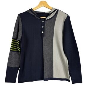 Feragamo Men Colorblock Knit Hoodie Long Sleeve Button Neck Casual Sweater Sz M